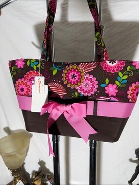 De Blossom Collection Floral Brown Tote with Pink Bow Accent